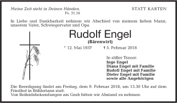 Traueranzeige von Rudolf Engel von Haller Tagblatt