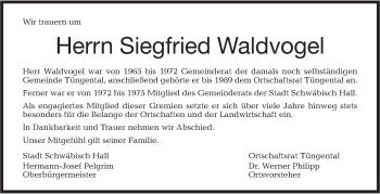 Traueranzeige von Siegfried Waldvogel von Haller Tagblatt