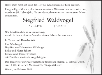 Traueranzeige von Siegfried Waldvogel von Haller Tagblatt