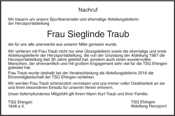 Traueranzeige von Sieglinde Traub von Ehinger Tagblatt