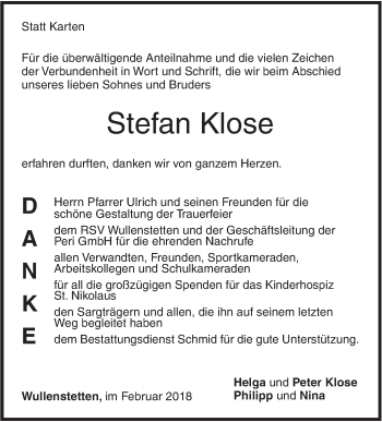 Traueranzeige von Stefan Klose von SÜDWEST PRESSE Ausgabe Ulm/Neu-Ulm