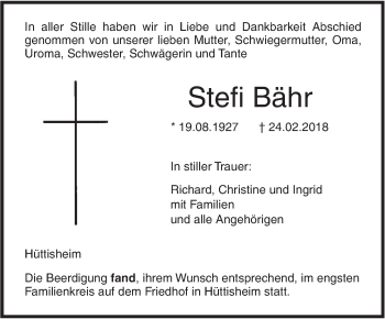 Traueranzeige von Stefi Bähr von SÜDWEST PRESSE Ausgabe Ulm/Neu-Ulm