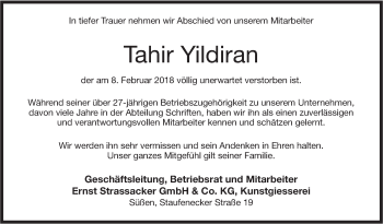 Traueranzeige von Tahir Yildiran von NWZ Neue Württembergische Zeitung/Geislinger Zeitung