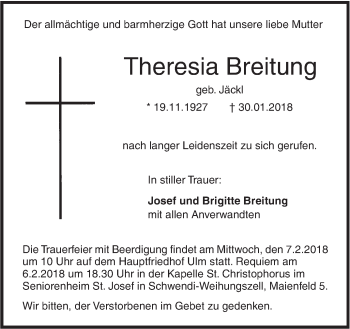 Traueranzeige von Theresia Breitung von SÜDWEST PRESSE Ausgabe Ulm/Neu-Ulm