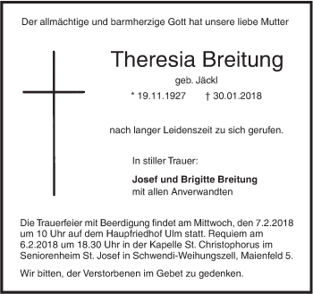 Traueranzeige von Theresia Breitung von SÜDWEST PRESSE Ausgabe Ulm/Neu-Ulm