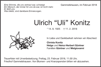 Traueranzeige von Ulrich  Konitz von NWZ Neue Württembergische Zeitung/Geislinger Zeitung