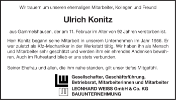 Traueranzeige von Ulrich  Konitz von NWZ Neue Württembergische Zeitung