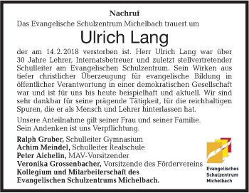 Traueranzeige von Ulrich Lang von Haller Tagblatt