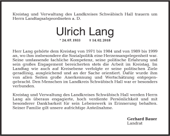 Traueranzeige von Ulrich Lang von Rundschau Gaildorf