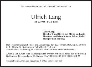 Traueranzeige von Ulrich Lang von Haller Tagblatt