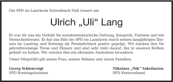 Traueranzeige von Ulrich Lang von Haller Tagblatt