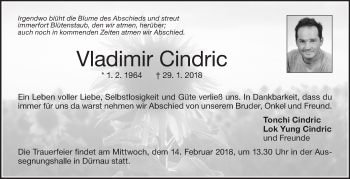 Traueranzeige von Vladimir Cindric von NWZ Neue Württembergische Zeitung