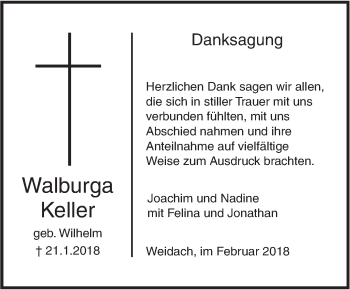 Traueranzeige von Walburga Keller von SÜDWEST PRESSE Ausgabe Ulm/Neu-Ulm