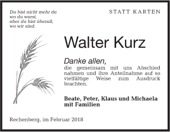 Traueranzeige von Walter Kurz von Hohenloher Tagblatt