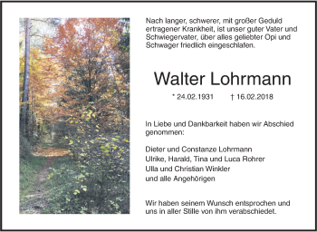 Traueranzeige von Walter Lohrmann von SÜDWEST PRESSE Ausgabe Ulm/Neu-Ulm