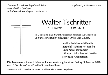 Traueranzeige von Walter Tschritter von Haller Tagblatt