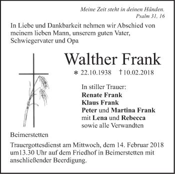 Traueranzeige von Walther Frank von SÜDWEST PRESSE Ausgabe Ulm/Neu-Ulm