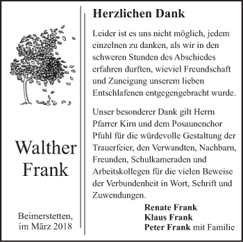 Traueranzeige von Walther Frank von SÜDWEST PRESSE Ausgabe Ulm/Neu-Ulm