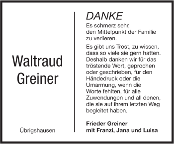 Traueranzeige von Waltraud Greiner von Haller Tagblatt