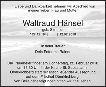 Traueranzeige von Waltraud Hänsel von SÜDWEST PRESSE Ausgabe Ulm/Neu-Ulm