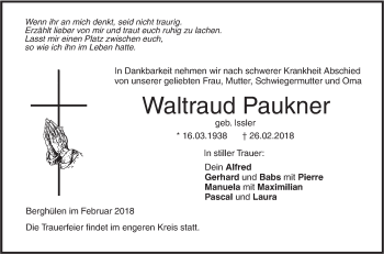 Traueranzeige von Waltraud Paukner von SÜDWEST PRESSE Ausgabe Ulm/Neu-Ulm