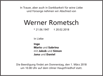 Traueranzeige von Werner Rometsch von SÜDWEST PRESSE Ausgabe Ulm/Neu-Ulm