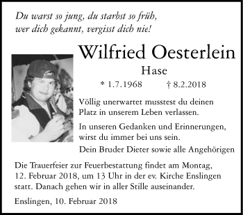 Traueranzeige von Wilfried Oesterlein von Haller Tagblatt