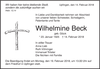 Traueranzeige von Wilhelmine Beck von Alb-Bote/Metzinger-Uracher Volksblatt