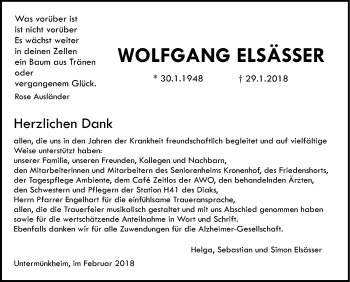 Traueranzeige von Wolfgang Elsässer von Haller Tagblatt