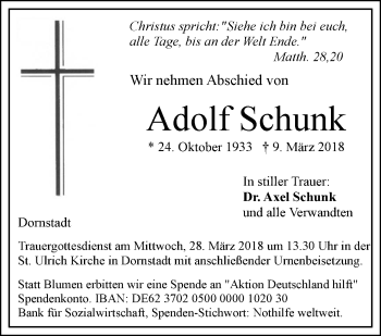 Traueranzeige von Adolf Schunk von SÜDWEST PRESSE Ausgabe Ulm/Neu-Ulm