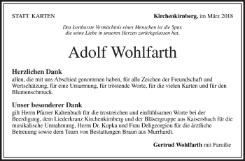 Traueranzeige von Adolf Wohlfarth von Rundschau Gaildorf