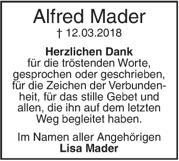 Traueranzeige von Alfred Mader von SÜDWEST PRESSE Ausgabe Ulm/Neu-Ulm