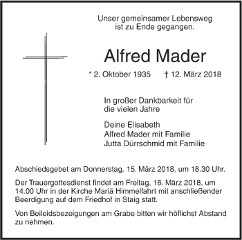 Traueranzeige von Alfred Mader von SÜDWEST PRESSE Ausgabe Ulm/Neu-Ulm