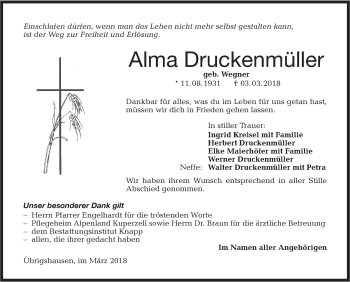 Traueranzeige von Alma Druckenmüller von Haller Tagblatt