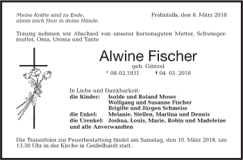 Traueranzeige von Alwine Fischer von Haller Tagblatt