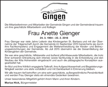 Traueranzeige von Anette Gienger von NWZ Neue Württembergische Zeitung/Geislinger Zeitung