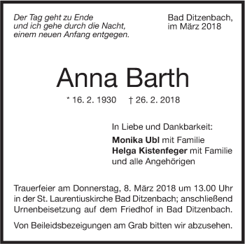 Traueranzeige von Anna Barth von Geislinger Zeitung