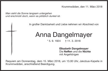 Traueranzeige von Anna Dangelmayer von NWZ Neue Württembergische Zeitung