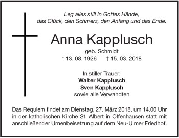 Traueranzeige von Anna Kapplusch von SÜDWEST PRESSE Ausgabe Ulm/Neu-Ulm