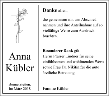 Traueranzeige von Anna Kübler von SÜDWEST PRESSE Ausgabe Ulm/Neu-Ulm