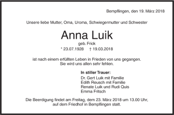 Traueranzeige von Anna Luik von Metzinger-Uracher Volksblatt