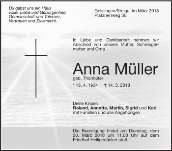 Traueranzeige von Anna Müller von Geislinger Zeitung