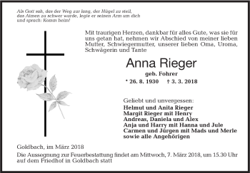 Traueranzeige von Anna Rieger von Hohenloher Tagblatt