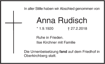 Traueranzeige von Anna Rudisch von SÜDWEST PRESSE Ausgabe Ulm/Neu-Ulm