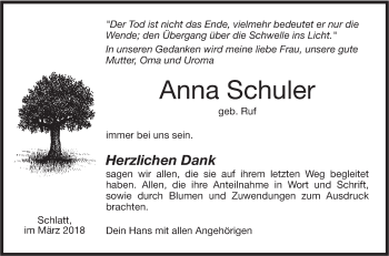 Traueranzeige von Anna Schuler von Hohenzollerische Zeitung