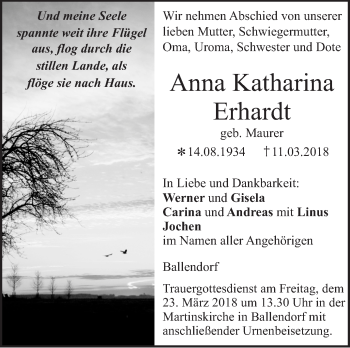 Traueranzeige von Anna Katharina Erhardt von SÜDWEST PRESSE Ausgabe Ulm/Neu-Ulm