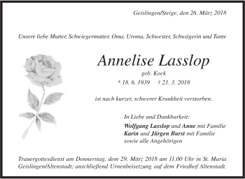 Traueranzeige von Annelise Lasslop von Geislinger Zeitung