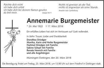 Traueranzeige von Annemarie Burgemeister von Alb-Bote/Metzinger-Uracher Volksblatt