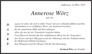 Traueranzeige von Annerose Wörz von Geislinger Zeitung