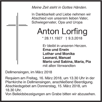 Traueranzeige von Anton Lorfing von SÜDWEST PRESSE Ausgabe Ulm/Neu-Ulm